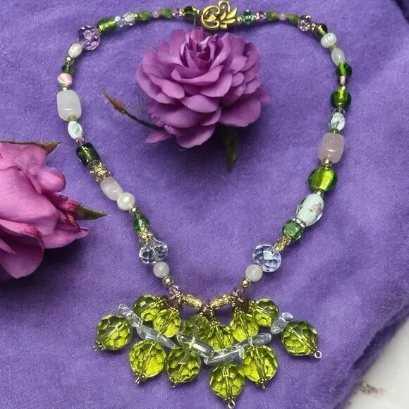 Handmade One of a Kind Green & Rock Crystal Rose Quartz Art Glass Necklace - Picture 2 of 9
